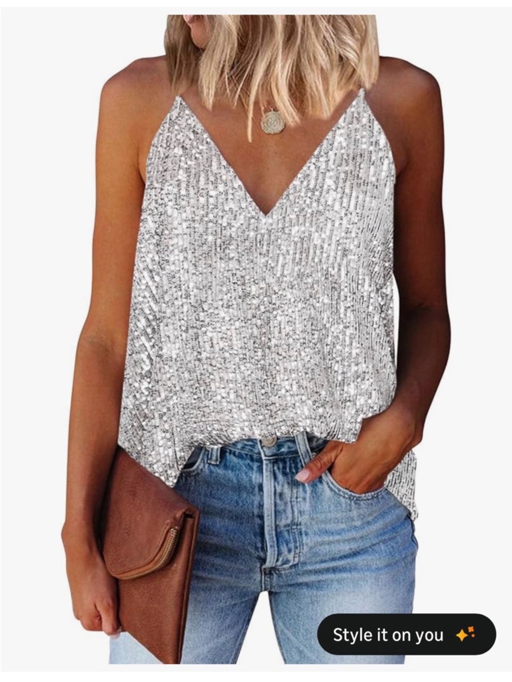 Women's Silver Sequin V-Neck Cami Top